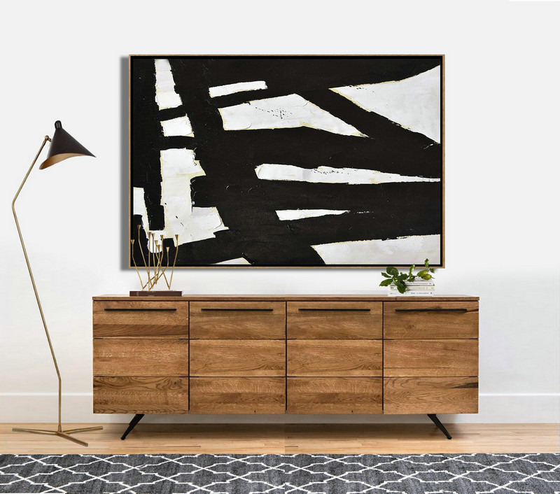 Hand Made Original Art,Horizontal Palette Knife Minimal Canvas Art Painting Black White Beige - Hand Paint Large Clean Modern Art